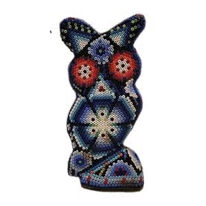 Mexican Huichol Owl Figurine Chaquira Beaded Wood Native Folk Art Blue 5"